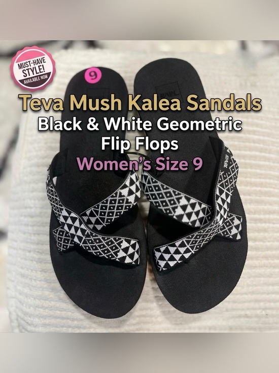 Teva Shoes - Teva Mush Kalea Sandals Black White Geometric Flip Flops Women’s 9